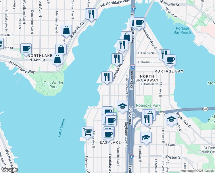 map of restaurants, bars, coffee shops, grocery stores, and more near 2727 Eastlake Avenue East in Seattle
