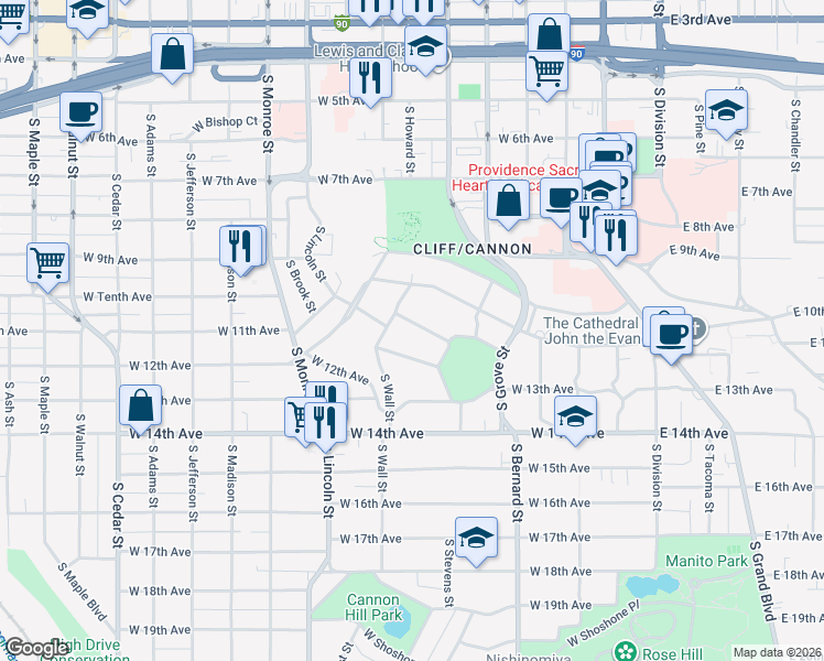 map of restaurants, bars, coffee shops, grocery stores, and more near 615 West Cotta Avenue in Spokane