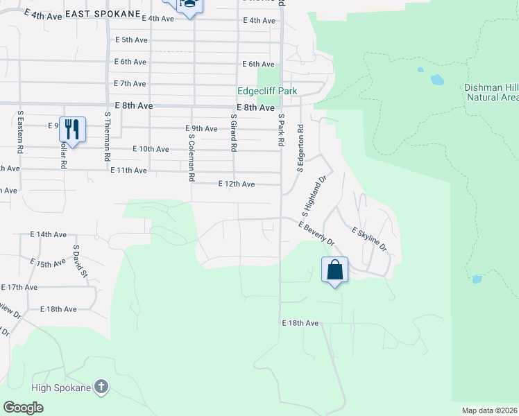 map of restaurants, bars, coffee shops, grocery stores, and more near 7305 East 13th Court in Spokane Valley