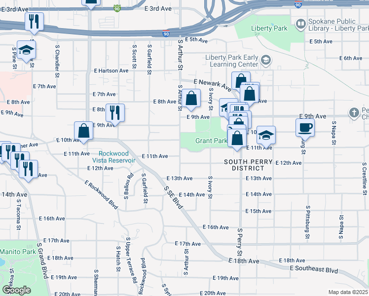 map of restaurants, bars, coffee shops, grocery stores, and more near 1016 East 10th Avenue in Spokane