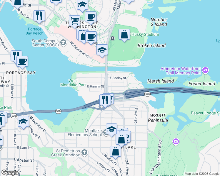 map of restaurants, bars, coffee shops, grocery stores, and more near in Seattle