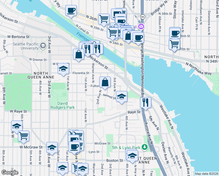map of restaurants, bars, coffee shops, grocery stores, and more near 2908 Mayfair Avenue North in Seattle