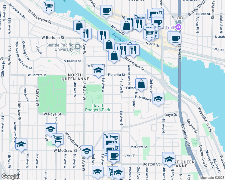 map of restaurants, bars, coffee shops, grocery stores, and more near 2 Fulton Street in Seattle