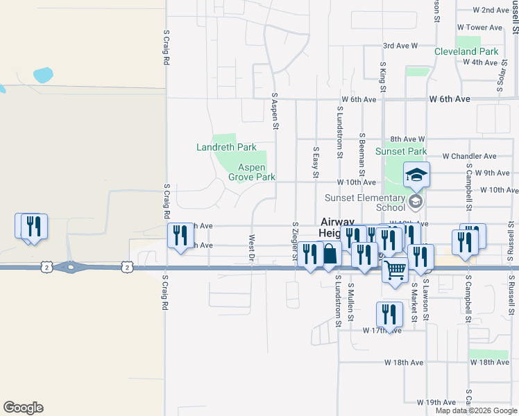 map of restaurants, bars, coffee shops, grocery stores, and more near 1037 West 10th Avenue in Airway Heights