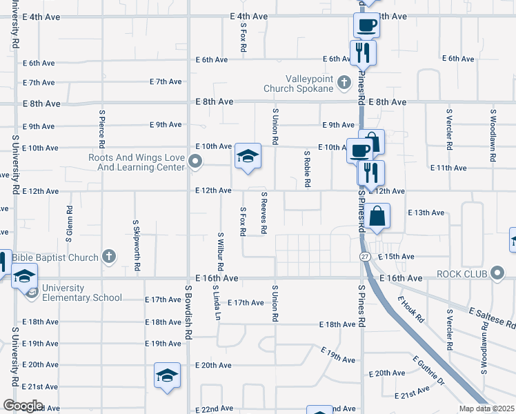map of restaurants, bars, coffee shops, grocery stores, and more near 1204 South Reeves Road in Spokane Valley