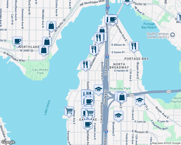 map of restaurants, bars, coffee shops, grocery stores, and more near 2810 Eastlake Avenue East in Seattle