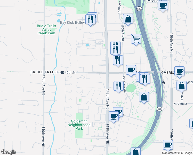 map of restaurants, bars, coffee shops, grocery stores, and more near 4009 146th Place Northeast in Bellevue