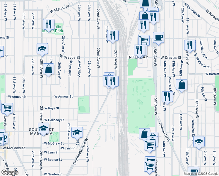 map of restaurants, bars, coffee shops, grocery stores, and more near 2837 21st Avenue West in Seattle