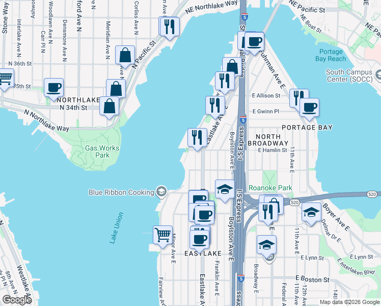 map of restaurants, bars, coffee shops, grocery stores, and more near 2728 Fairview Avenue East in Seattle