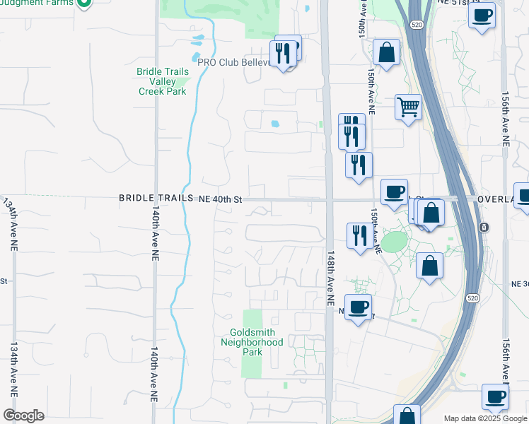 map of restaurants, bars, coffee shops, grocery stores, and more near 14435 Northeast 40th Street in Bellevue