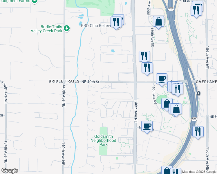 map of restaurants, bars, coffee shops, grocery stores, and more near 14435 Northeast 40th Street in Bellevue