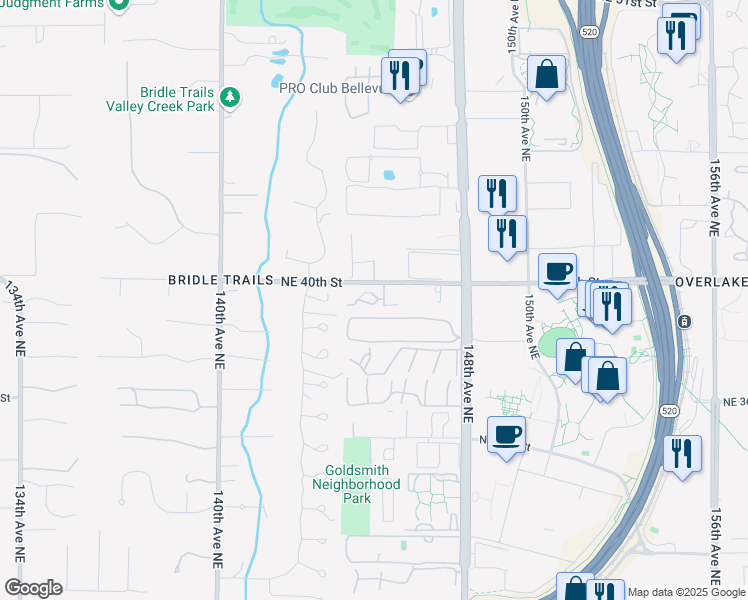 map of restaurants, bars, coffee shops, grocery stores, and more near 14537 Northeast 40th Street in Bellevue