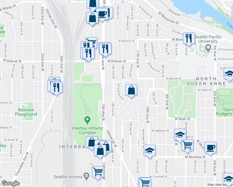 map of restaurants, bars, coffee shops, grocery stores, and more near 2822 14th Avenue West in Seattle