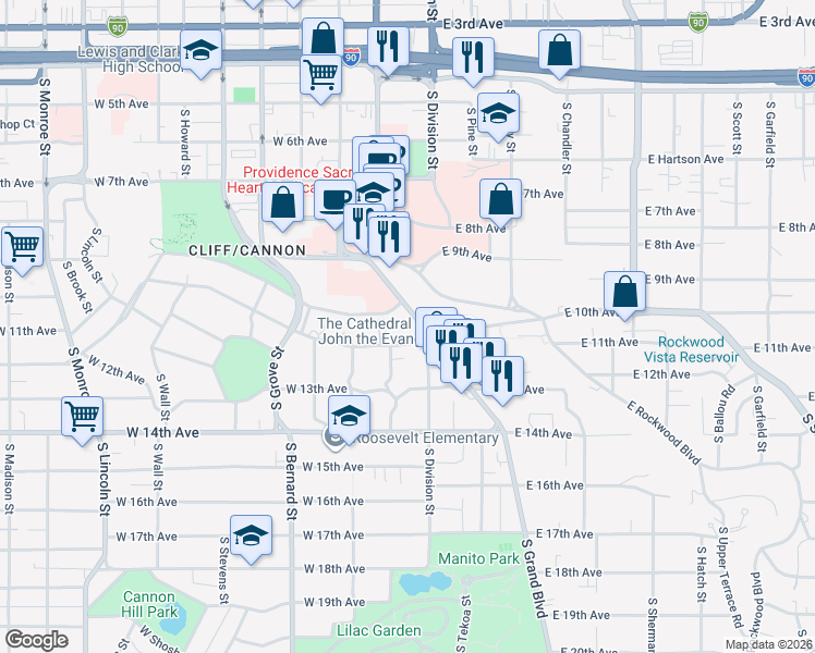 map of restaurants, bars, coffee shops, grocery stores, and more near 34 West Rockwood Boulevard in Spokane