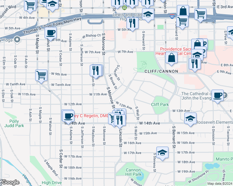map of restaurants, bars, coffee shops, grocery stores, and more near 808 West 11th Avenue in Spokane