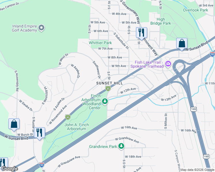 map of restaurants, bars, coffee shops, grocery stores, and more near 3411 West Rosamond Avenue in Spokane