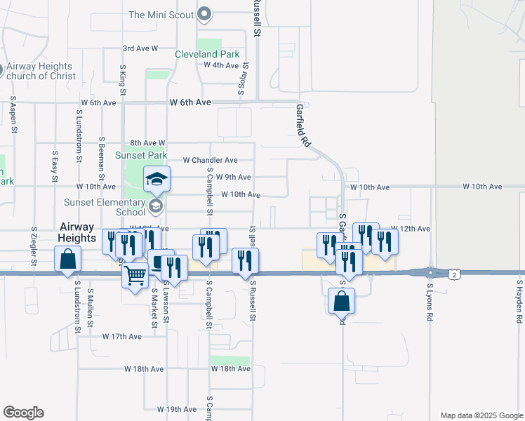 map of restaurants, bars, coffee shops, grocery stores, and more near 1001 South Russell Street in Airway Heights