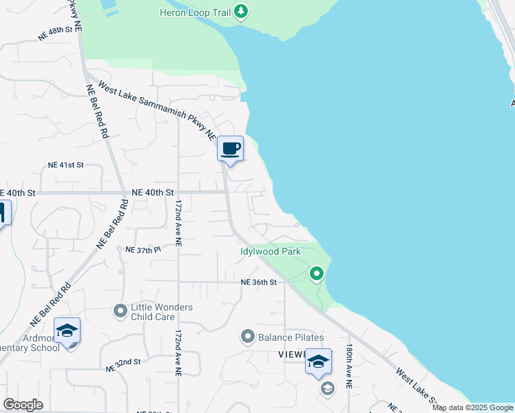 map of restaurants, bars, coffee shops, grocery stores, and more near 4006 West Lake Sammamish Parkway Northeast in Redmond