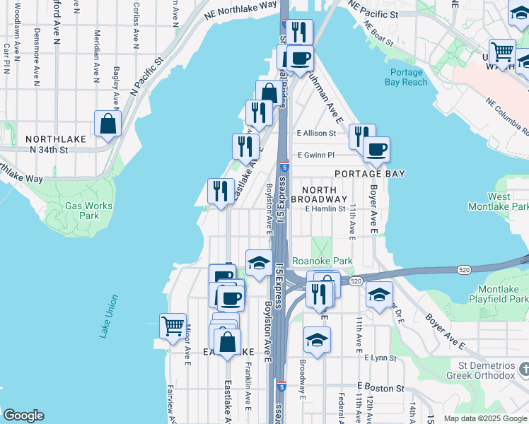 map of restaurants, bars, coffee shops, grocery stores, and more near 2803 Boylston Avenue East in Seattle
