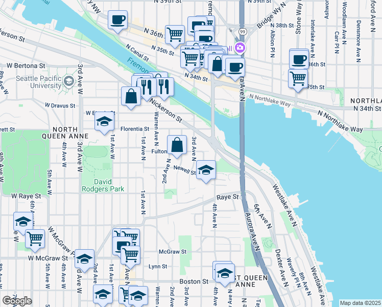 map of restaurants, bars, coffee shops, grocery stores, and more near 2908 Mayfair Avenue North in Seattle