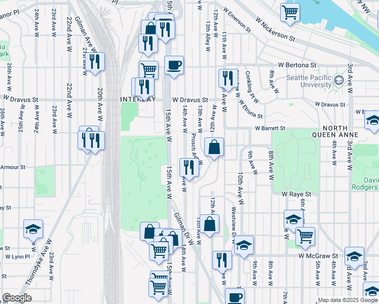 map of restaurants, bars, coffee shops, grocery stores, and more near 2840 14th Avenue West in Seattle