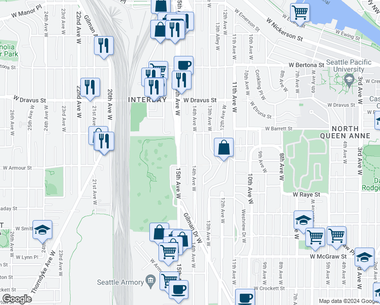 map of restaurants, bars, coffee shops, grocery stores, and more near 2834 15th Avenue West in Seattle
