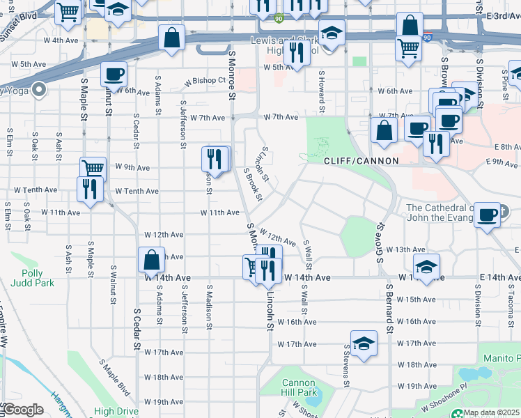 map of restaurants, bars, coffee shops, grocery stores, and more near 808 West 11th Avenue in Spokane