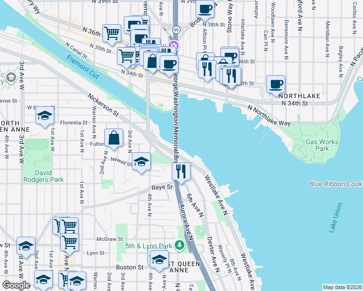 map of restaurants, bars, coffee shops, grocery stores, and more near 2770 Westlake Avenue North in Seattle