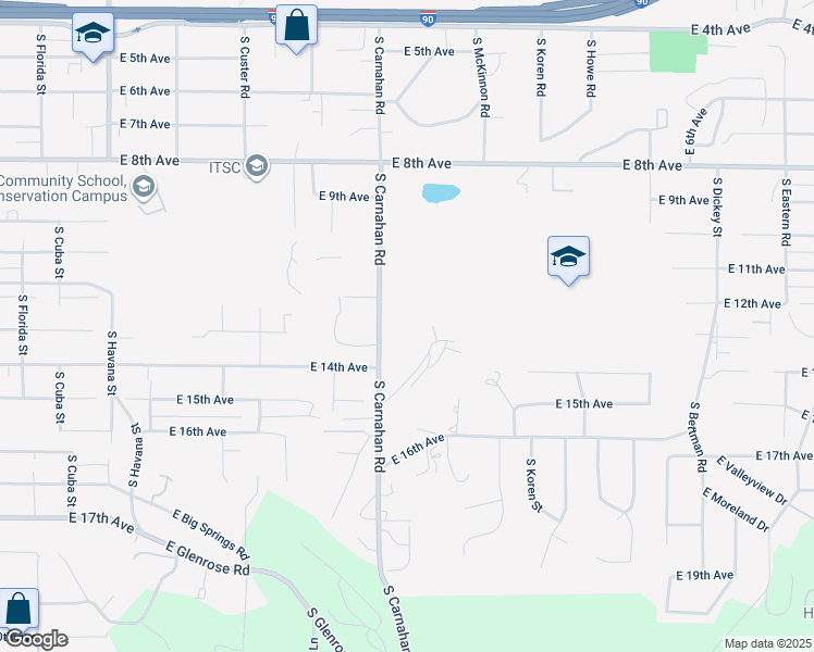 map of restaurants, bars, coffee shops, grocery stores, and more near 1301 South Carnahan Road in Spokane Valley