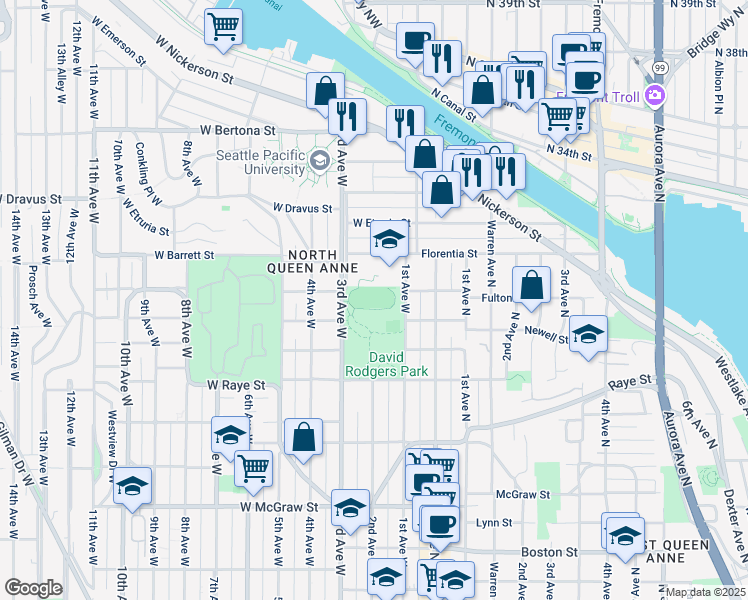 map of restaurants, bars, coffee shops, grocery stores, and more near 2806 3rd Avenue West in Seattle