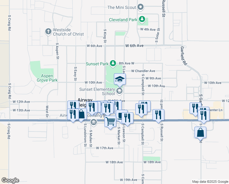 map of restaurants, bars, coffee shops, grocery stores, and more near 12824 West 12th Avenue in Airway Heights