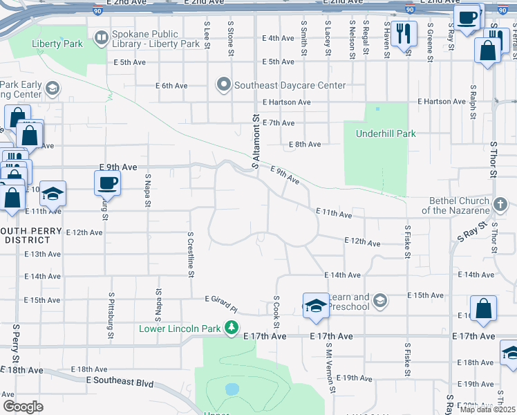 map of restaurants, bars, coffee shops, grocery stores, and more near 1006 South Woodfern Street in Spokane