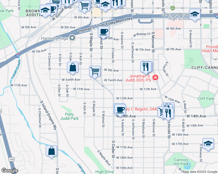 map of restaurants, bars, coffee shops, grocery stores, and more near 1421 West Tenth Avenue in Spokane