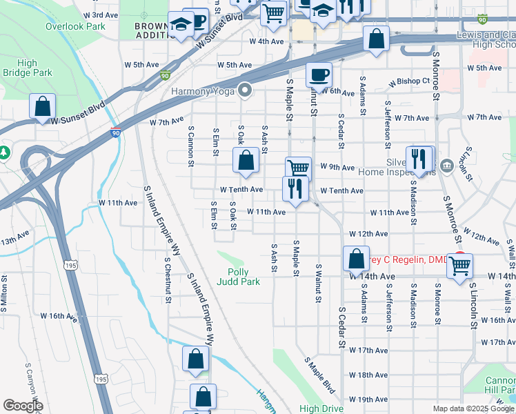 map of restaurants, bars, coffee shops, grocery stores, and more near 1733 West Tenth Avenue in Spokane