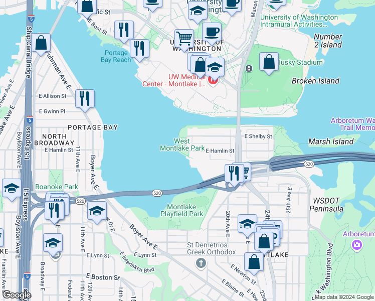 map of restaurants, bars, coffee shops, grocery stores, and more near 2810 West Park Drive East in Seattle