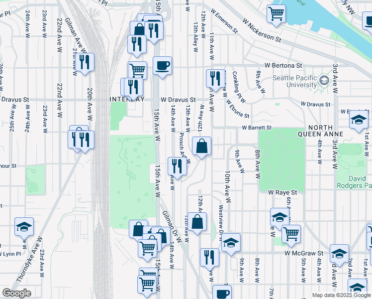 map of restaurants, bars, coffee shops, grocery stores, and more near 2840 14th Avenue West in Seattle