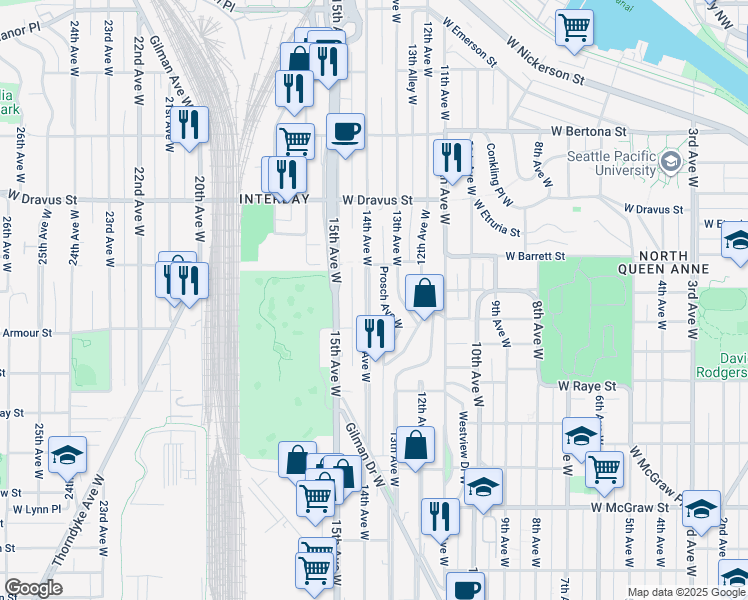 map of restaurants, bars, coffee shops, grocery stores, and more near 2840 14th Avenue West in Seattle