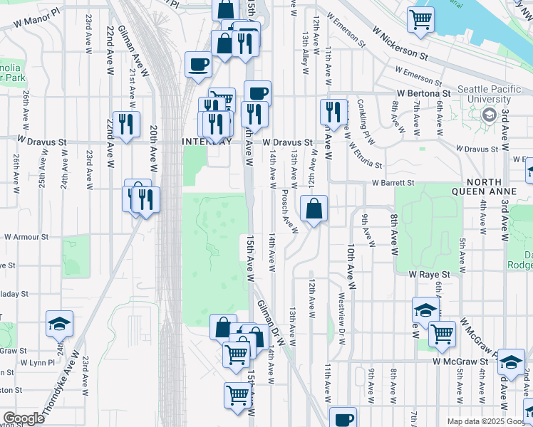 map of restaurants, bars, coffee shops, grocery stores, and more near 2834 15th Avenue West in Seattle
