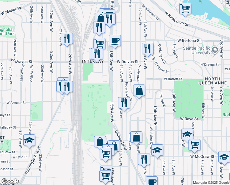 map of restaurants, bars, coffee shops, grocery stores, and more near 2834 15th Avenue West in Seattle