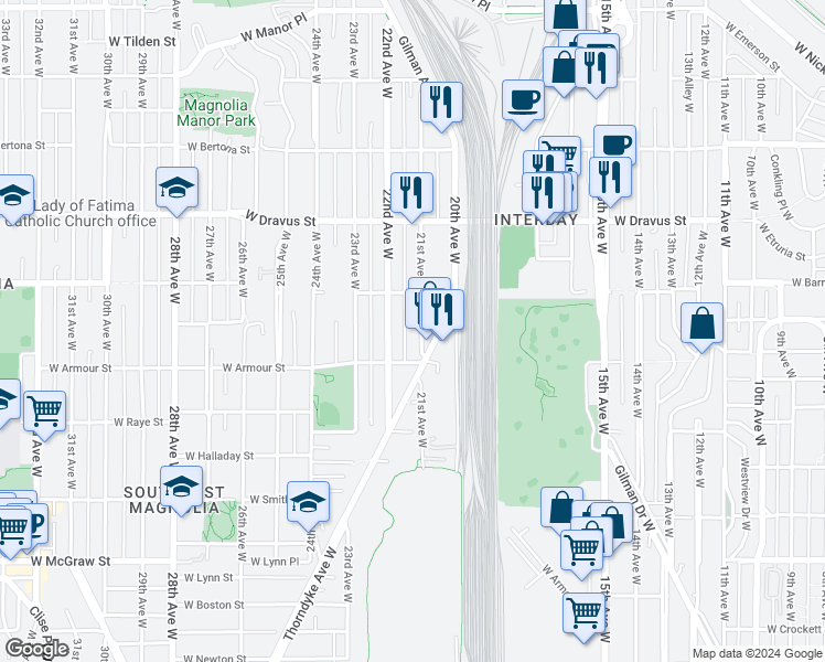 map of restaurants, bars, coffee shops, grocery stores, and more near 2837 21st Avenue West in Seattle