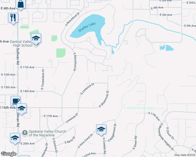 map of restaurants, bars, coffee shops, grocery stores, and more near 16512 East 11th Avenue in Spokane Valley