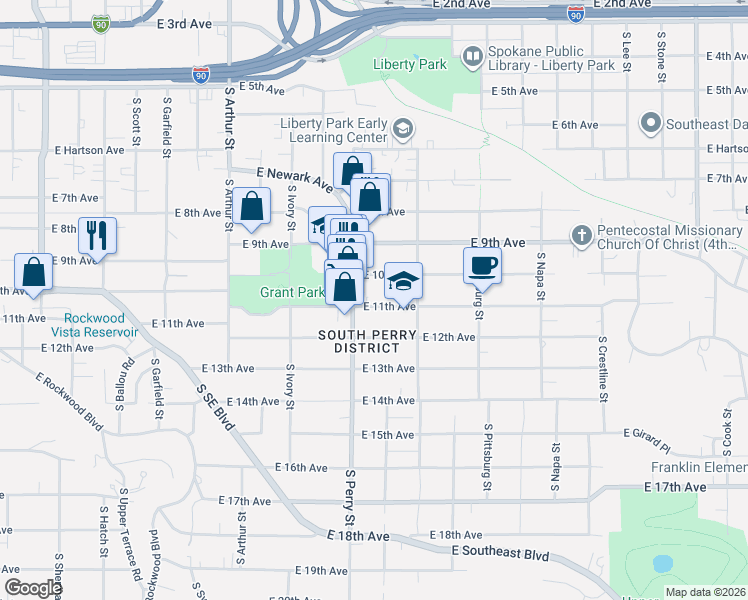 map of restaurants, bars, coffee shops, grocery stores, and more near 1504 East 10th Avenue in Spokane