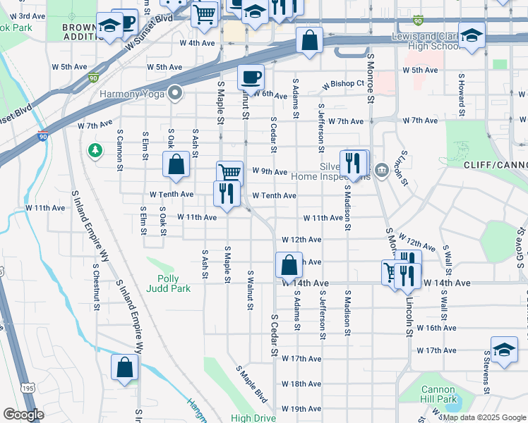 map of restaurants, bars, coffee shops, grocery stores, and more near 1412 West 11th Avenue in Spokane