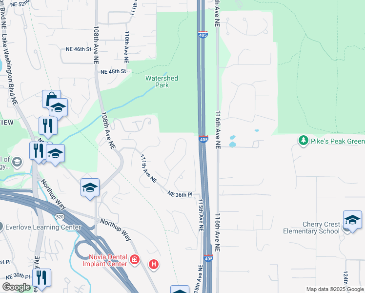 map of restaurants, bars, coffee shops, grocery stores, and more near 3877 113th Avenue Northeast in Bellevue
