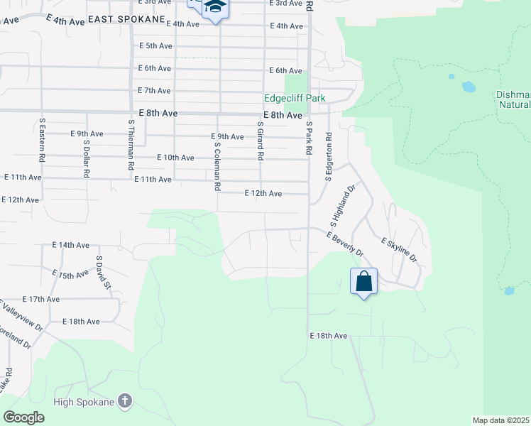 map of restaurants, bars, coffee shops, grocery stores, and more near 7233 East 13th Court in Spokane