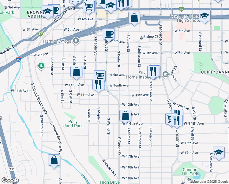 map of restaurants, bars, coffee shops, grocery stores, and more near 1421 West Tenth Avenue in Spokane