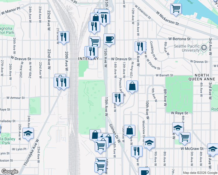 map of restaurants, bars, coffee shops, grocery stores, and more near 2834 15th Avenue West in Seattle