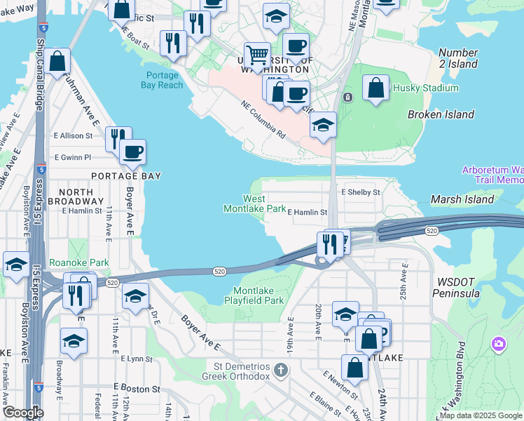 map of restaurants, bars, coffee shops, grocery stores, and more near 2801 West Park Drive East in Seattle