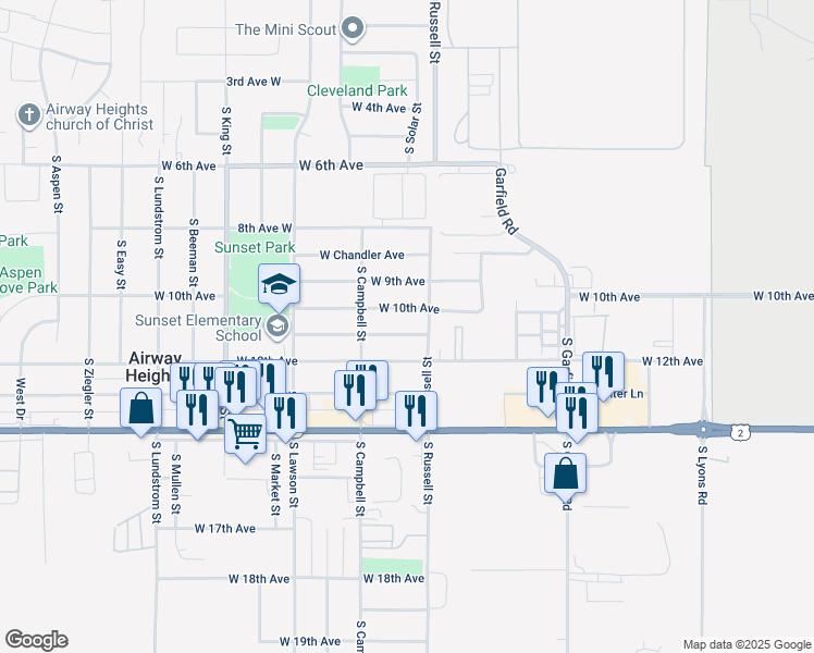 map of restaurants, bars, coffee shops, grocery stores, and more near 12411 West 10th Avenue in Airway Heights