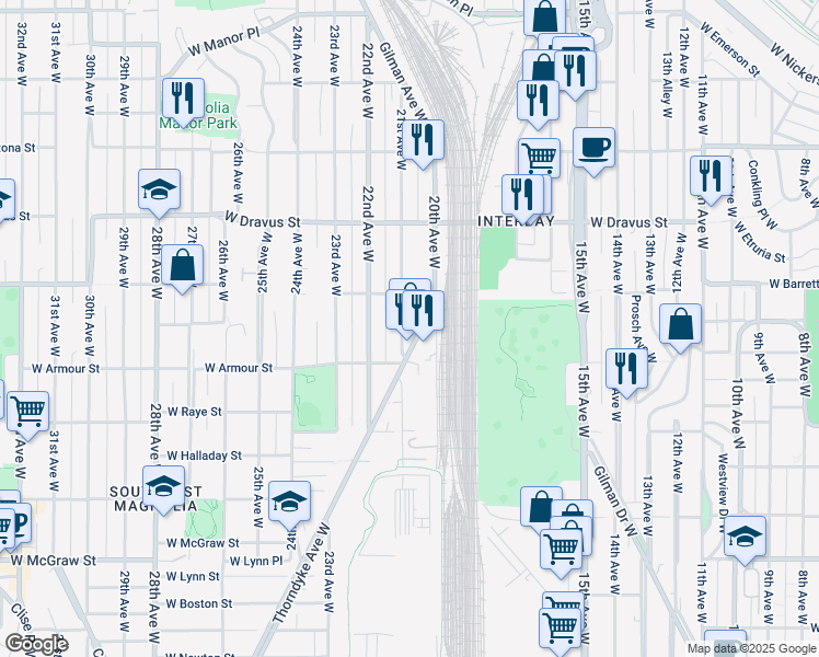 map of restaurants, bars, coffee shops, grocery stores, and more near 2837 21st Avenue West in Seattle